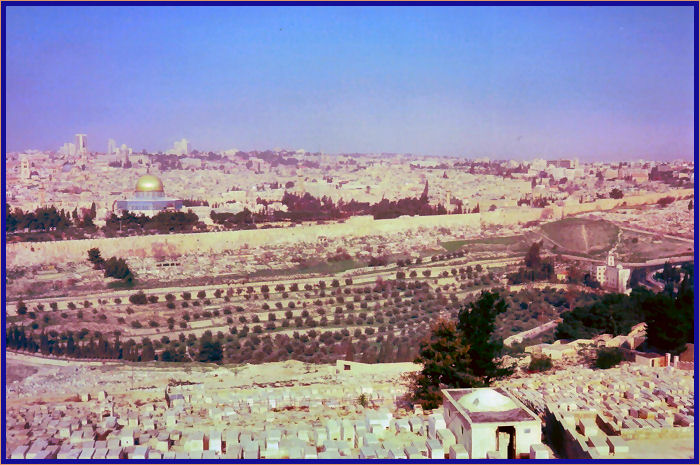 Jerusalem from the Mt. of Olives. Jewish tombs are located on the slope of the Mount of Olives